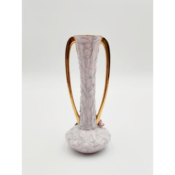 VTG Japanese Pink Floral Vase adorned with pink and blue flowers guilded handles - Picture 7 of 8